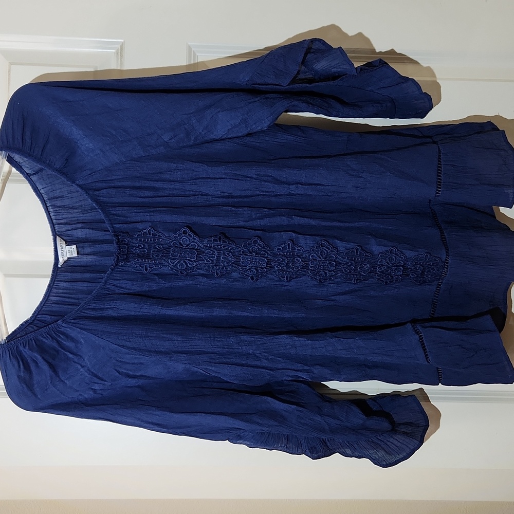 Counterparts Peasant Blouse Navy Blue Lace Front Ruffle Sleeve Size 2X Top Shirt